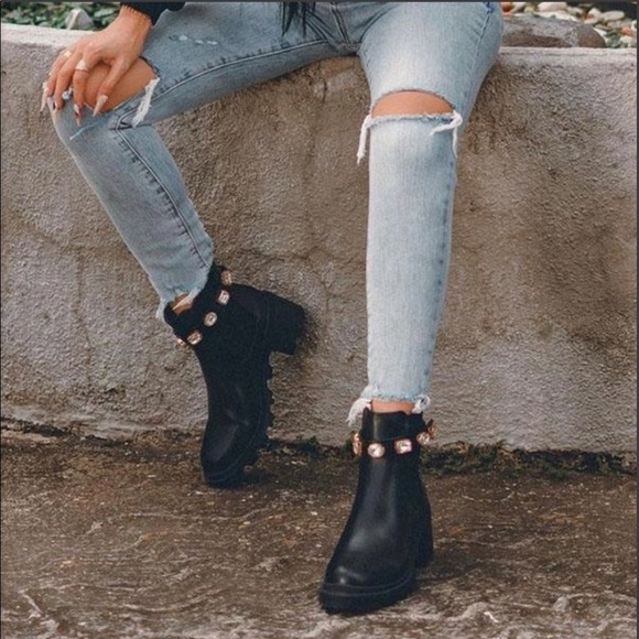 Adjustable Jeweled Ankle Strap Black Chelsea Boot - Picture 3 of 11